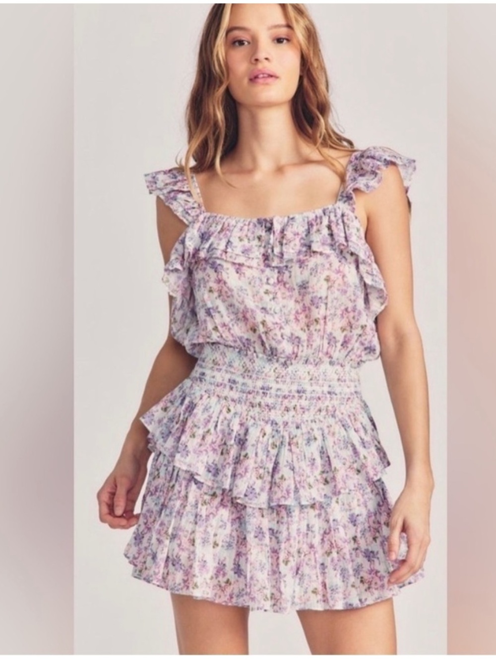 LoveShackFancy Lavender Floral Ruffle Mini Dress Size XS - Picture 2 of 6